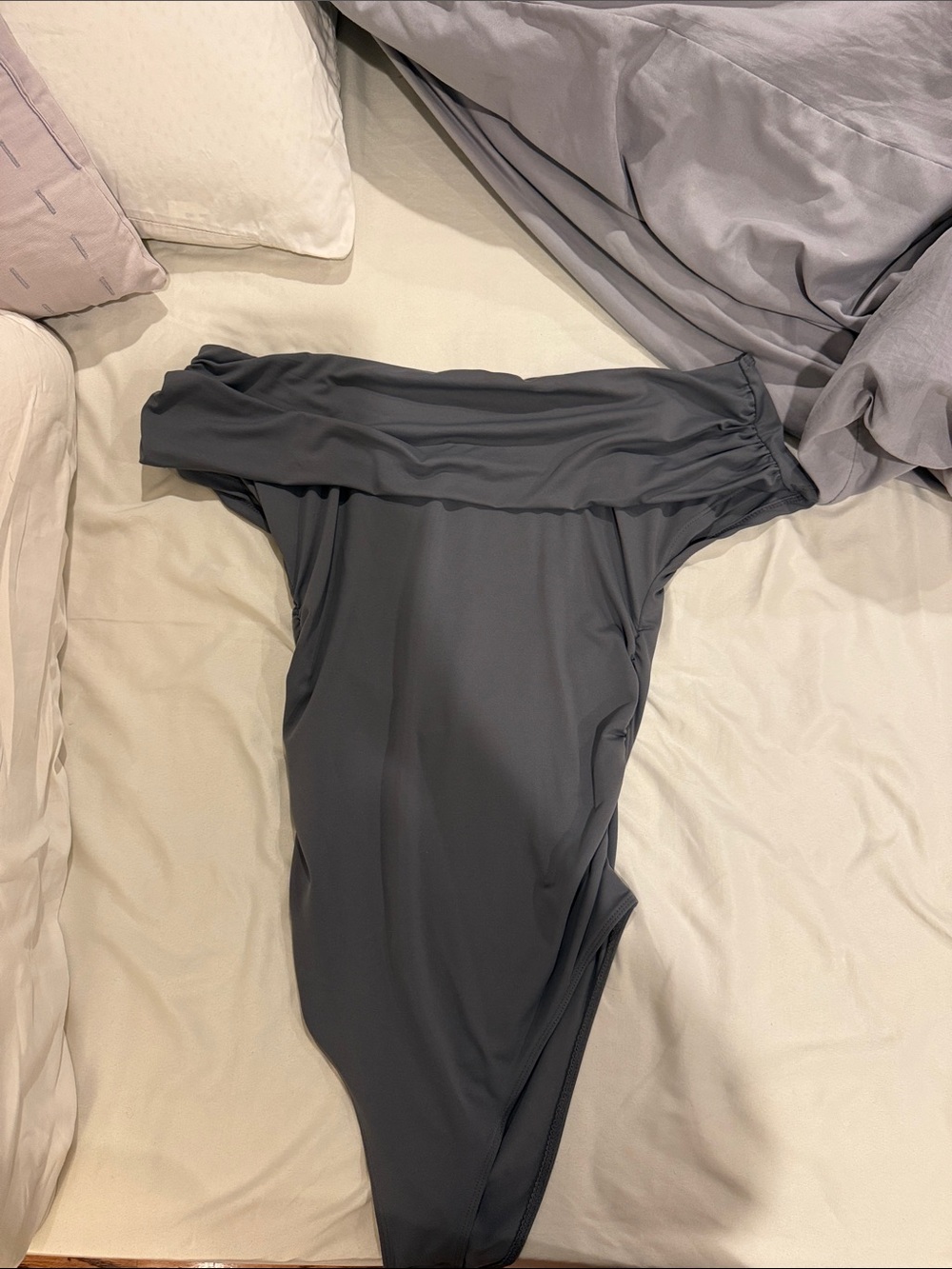 Off-Shoulder One-Piece Swimsuit in Charcoal Gray